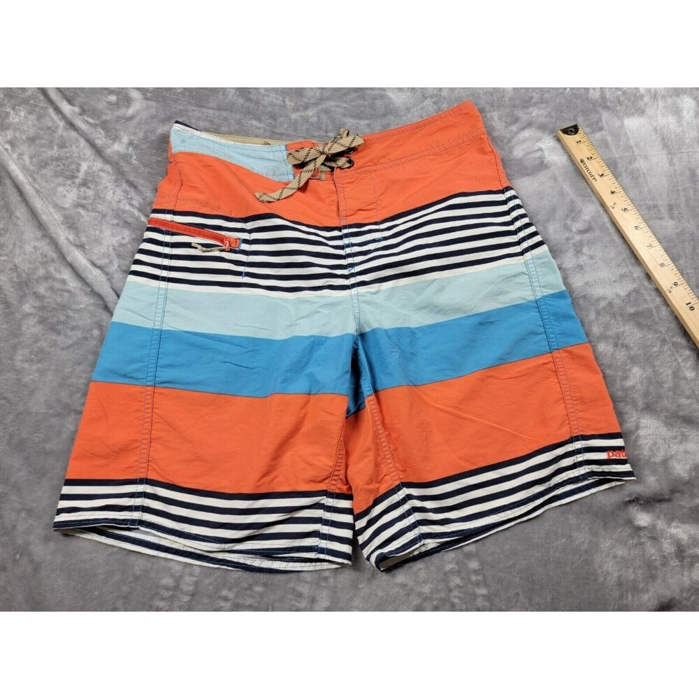 Patagonia Board Shorts Mens 29 Wavefarer Orange Blue‎ Striped Nylon Swim Trunks